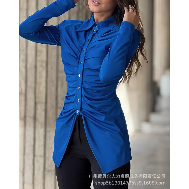 New Arrivals Fashion 2024 Spring Summer New Women's Clothing Solid Color Gathers Long Sleeve Slim Single-Breasted Shirt