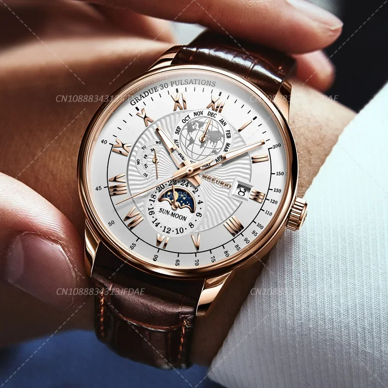 Versatile Watch For Men Trendy High end Light Quartz Watch Leather Strap Fake Three Eye Fashion Business Wristwatch