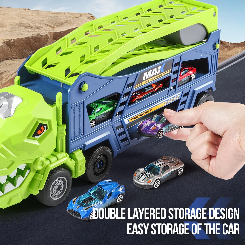 Zabawka - ciężarówka z torami dla dinozaurów, bez baterii, wyposażona w 6 metalowych samochodzików wyścigowych, na Boże Narodzenie, prezenty urodzinowe dla dzieci