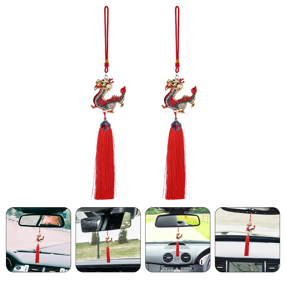 

2 Pcs Tassel Dragon Pendant Cotton Rope Zodiac Car Mirror Hanging Ornaments