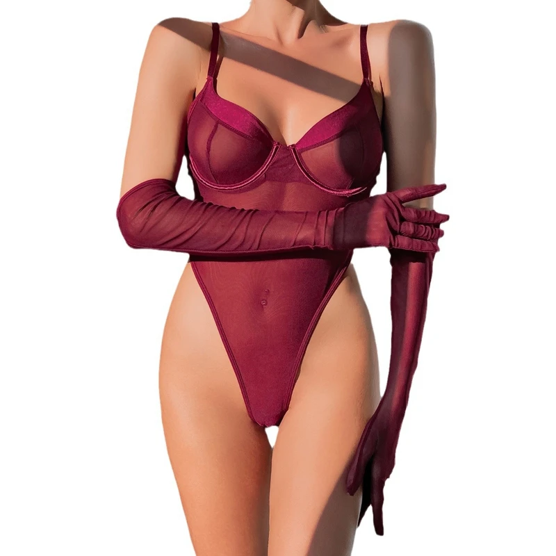 Bikini Sexy Jumpsuit Sexy See-through Minimalist Basic Slim Fit Hip Raise with Gloves for Women