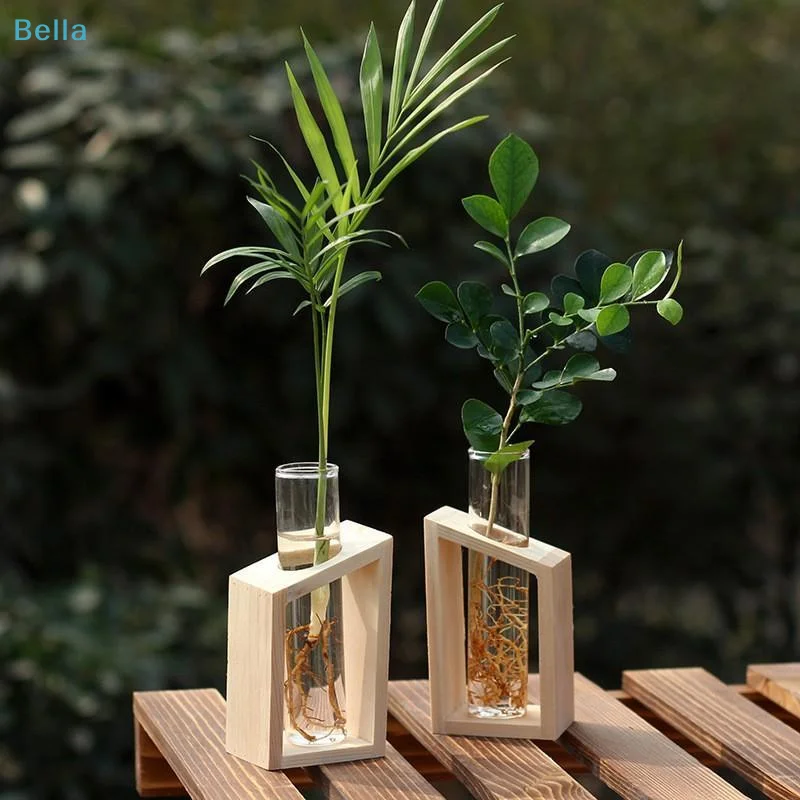 〔M〕Test Tube Glass Vase Plant Propagation Station Hydroponic Vases For Plants With Wooden Stand Terrarium Office Home Decor