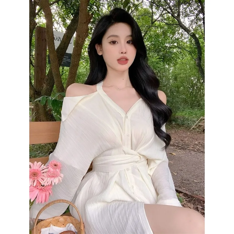 Sukienka koszulowa z odkrytymi ramionami, podkreślająca talię, damska, retro, krótka spódnica, szorty, dwuczęściowy komplet.