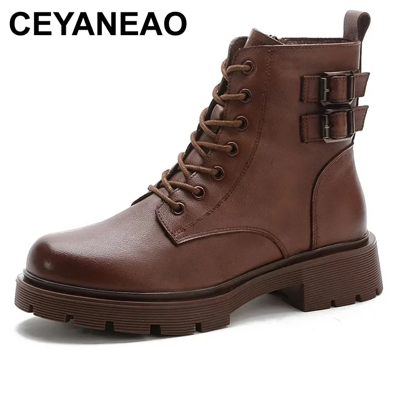 

CEYANEAO 2021 new autumn and winter retro leather riding boots women soft-soled fashion riding boots wedges with ankle boots