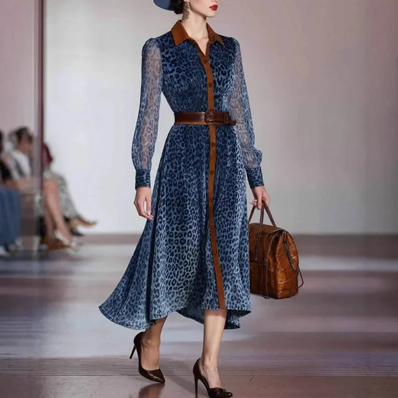 Sukienka imprezowa z siateczki w panterkę, patchworkowa, damska, zapinana na guziki, z kołnierzykiem, jesienno-zimowa, z długim rękawem, w stylu vintage, o kroju litery A.