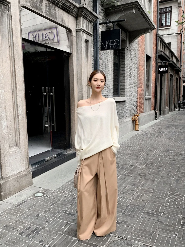 

Женская вязаная шерстяная футболка WTT с асимметричным кроем, в стиле пэчворк, на одно плечо, свободного кроя, однотонная, для повседневной носки