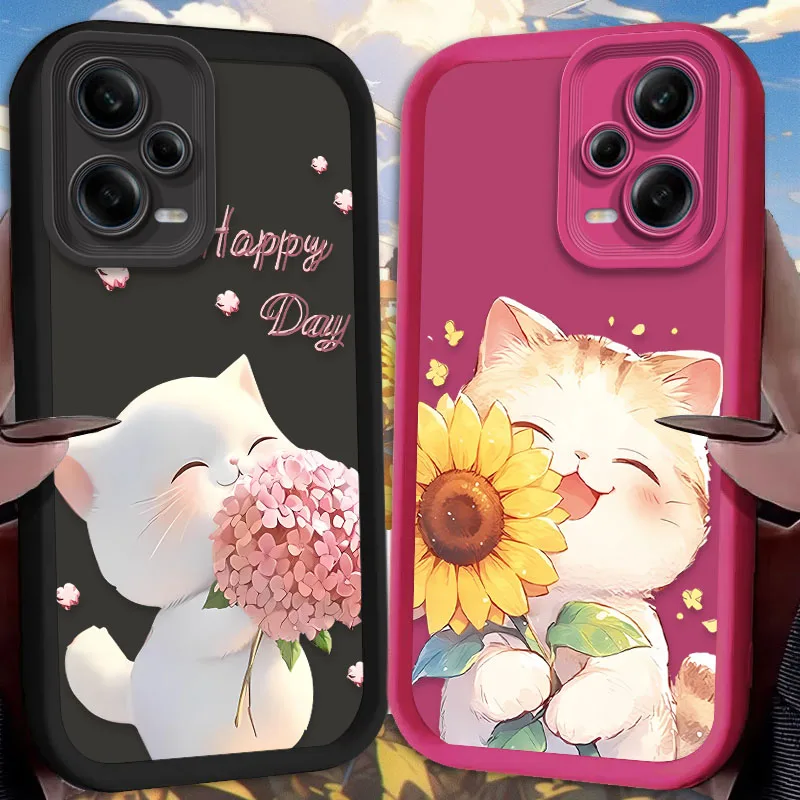 Sunlight White Cat Flower Silicone Case for Xiaomi Redmi Note 13 12 11 Pro Plus 4G 5G 12S 11S 10S 10 9 9S 8 12C 13C A3 Cover