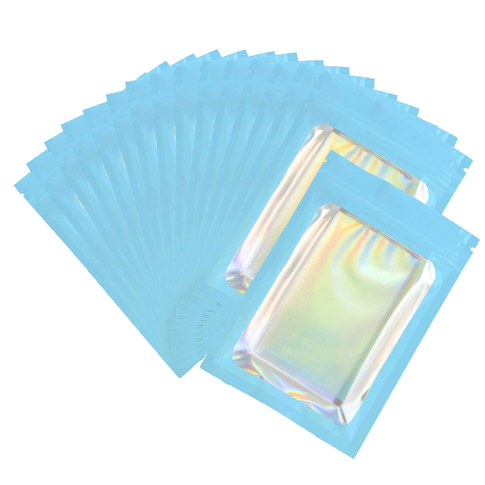 

100pcs Glossy Blue Clear Window Holographic Bags Jewlery Eyelash Flat Reclosable Zip Lock Packaging Pouch