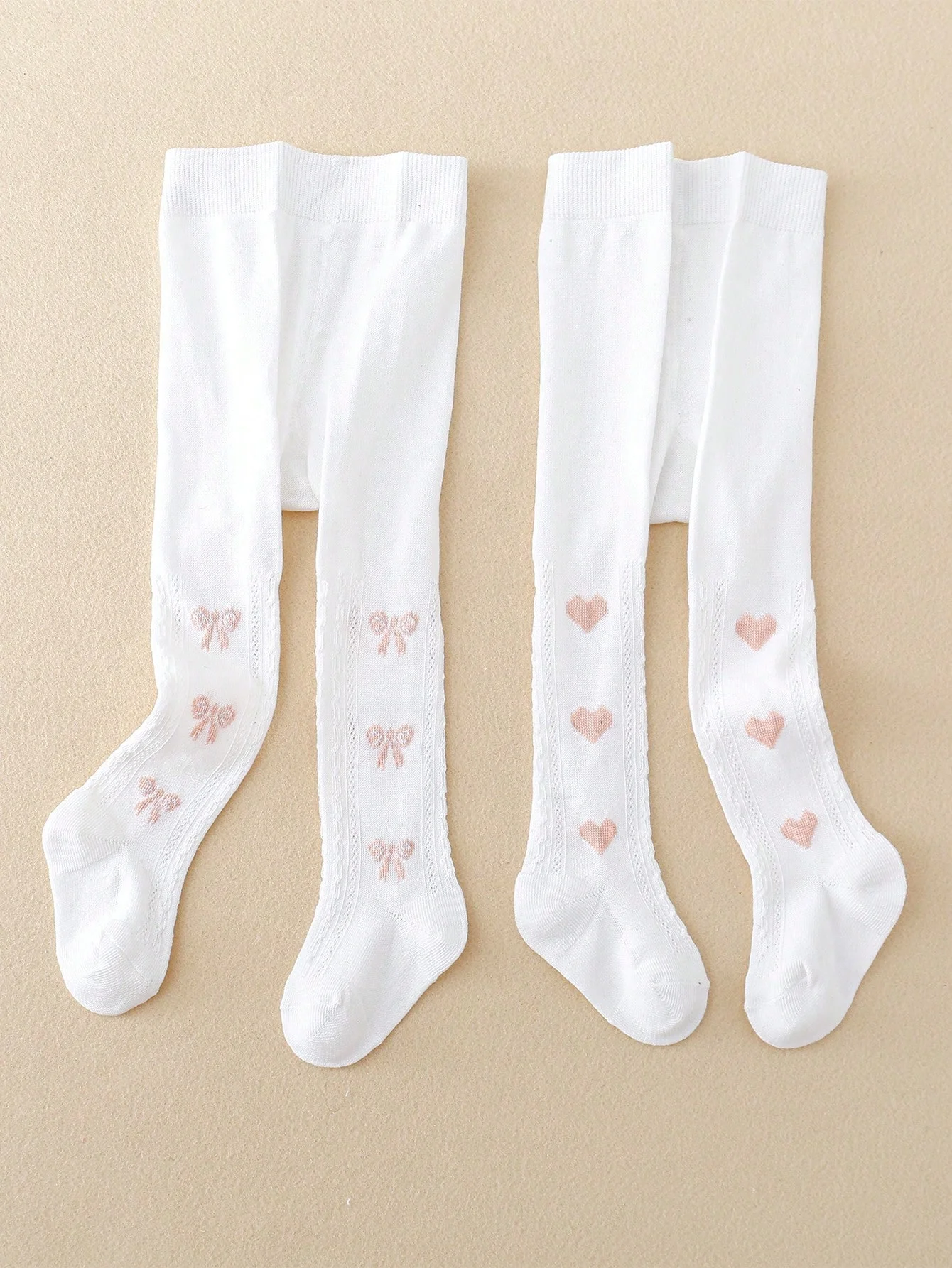 2 Pairs of Girls' Cute Heart and Bowknot Mesh-Style Knitted Tight-Fitting Pantyhose, Fashionable Leggings Suitable for All Seasons