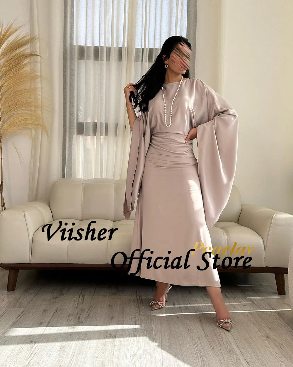 Viisher-Robe de Soirée Sirène en Satin pour Femme, Tenue de Bal Formelle, Évasée, Manches sulf, Plissée, Moulante, Longueur Rincée, Arabie Saoudite