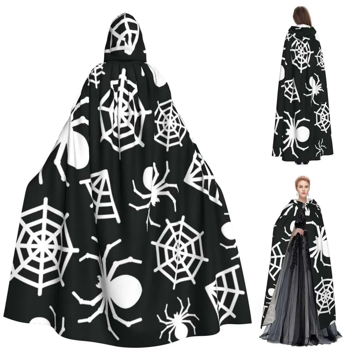 

Halloween Spider And Spider Web Long Hooded Cloak Witch Medieval Costume Cosplay Cape HalloweenParty Adult Unisex