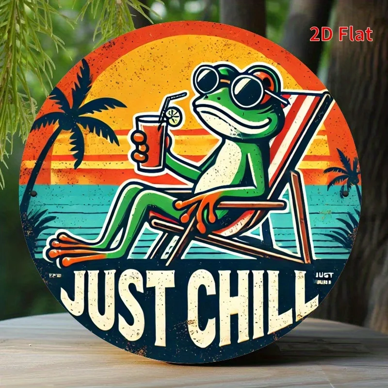 [Beach-Themed Decor] 2D Flat - A Metal Sign Featuring a Laid-Back Tropical Frog, Ideal for Beach-Themed Decor With The Phrase JU