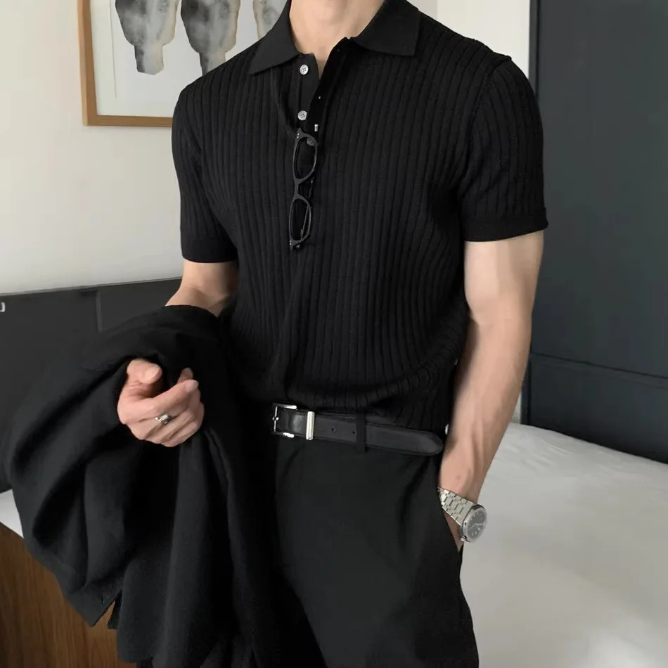 Men Ice Silk Knitted Polo Shirt Slim Fit Short Sleeve Thin Breathable British Yuppie Urban Summer Casual Top Trendy Male T-shirt