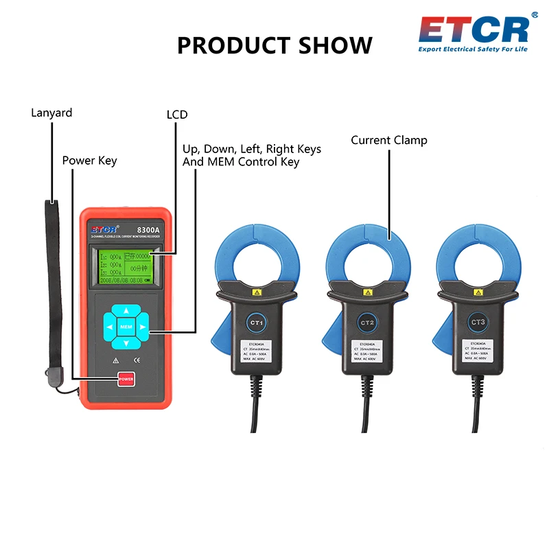 ETCR8300 ETCR8300A Three-channel Clamp Leakage Current Recorder Online Real-time Monitoring Tester Line Maintenance Fault Finder