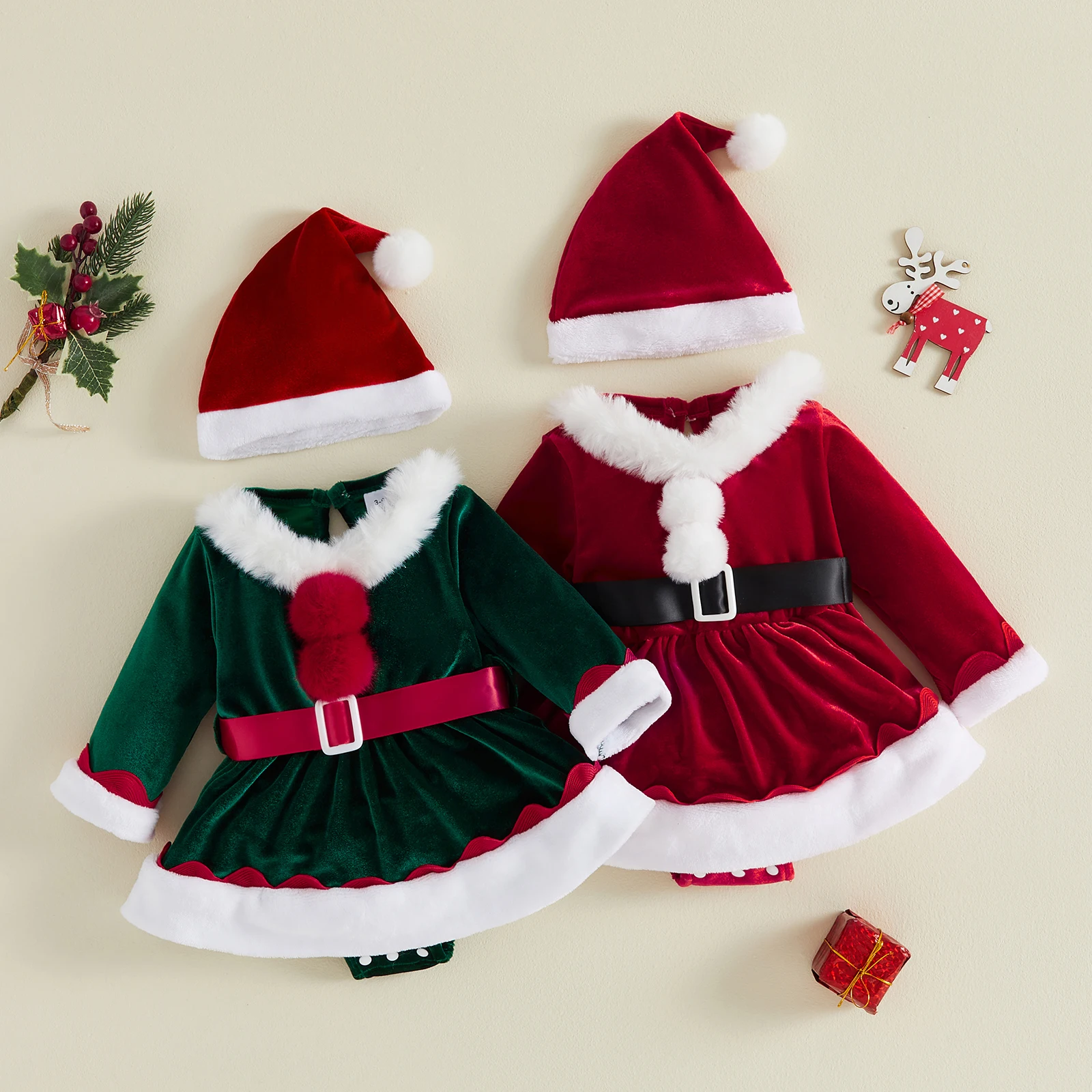 0-18M Baby Girl Christmas Outfit Plush Furry Trim Crew Neck Long Sleeve A Line Romper Dress with Belt and Hat 3 Pcs Set