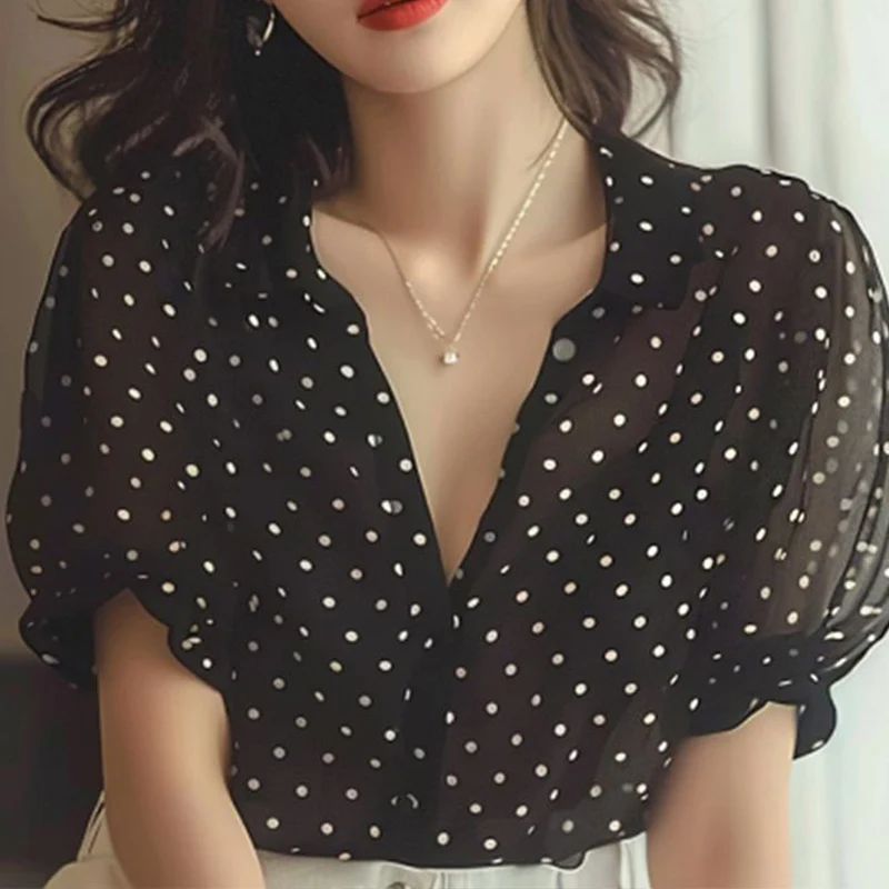 French Style Fashionable Elegant White Polka Dot Casual Short Sleeved Shirt Luxurious Loose Fit Slimming Young Style Women\'s Top