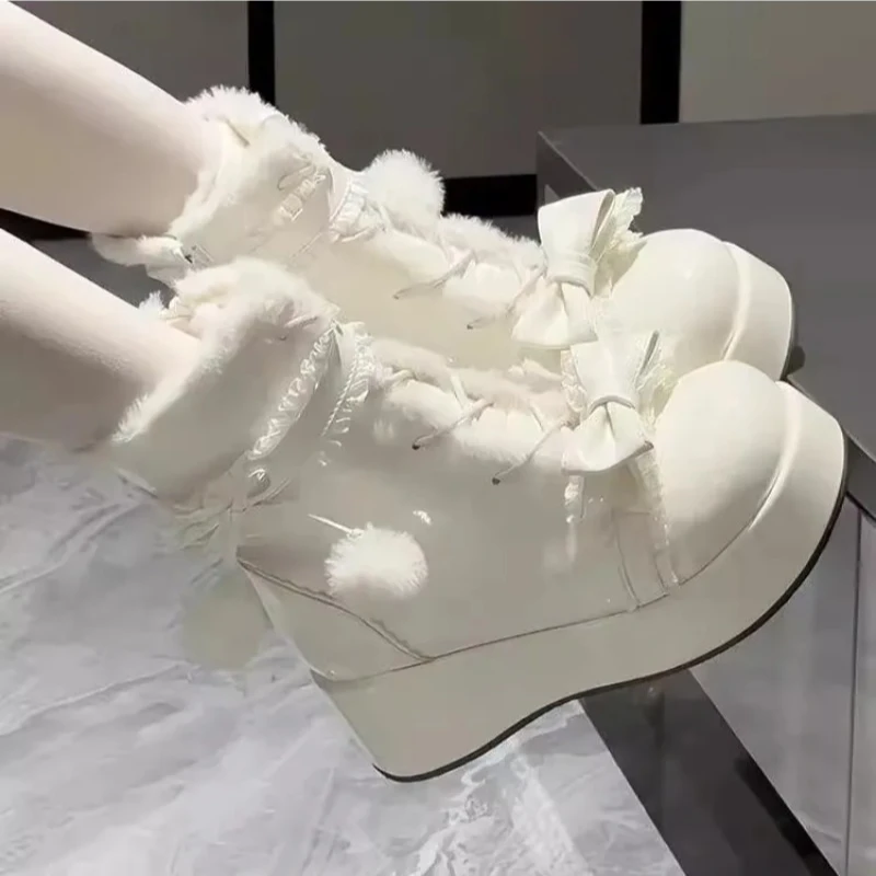 

Fashion Lolita Winter Snow Boots for Women Girls Lined Warm Booties Ort Synthetic Leather Cotton Shoes Lined Rubber Foamed Sole