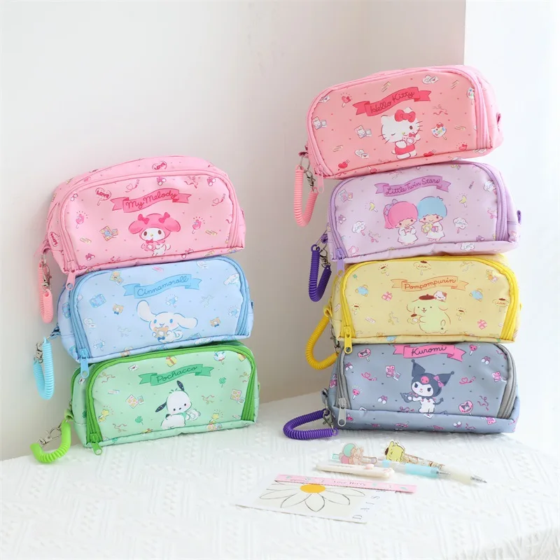 Double-layer Pencil Case Kuromi Cinnamoroll Melody Student Pen Bag Japanese Style Pen Bag Cute Storage Large Capacity Bags