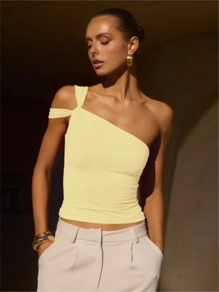 

Summer Women Irregular Off-Shoulder Cropped Top New Fashion Sexy Sleeveless Bodycon Beach Vacation Solid Color Casual Party Vest