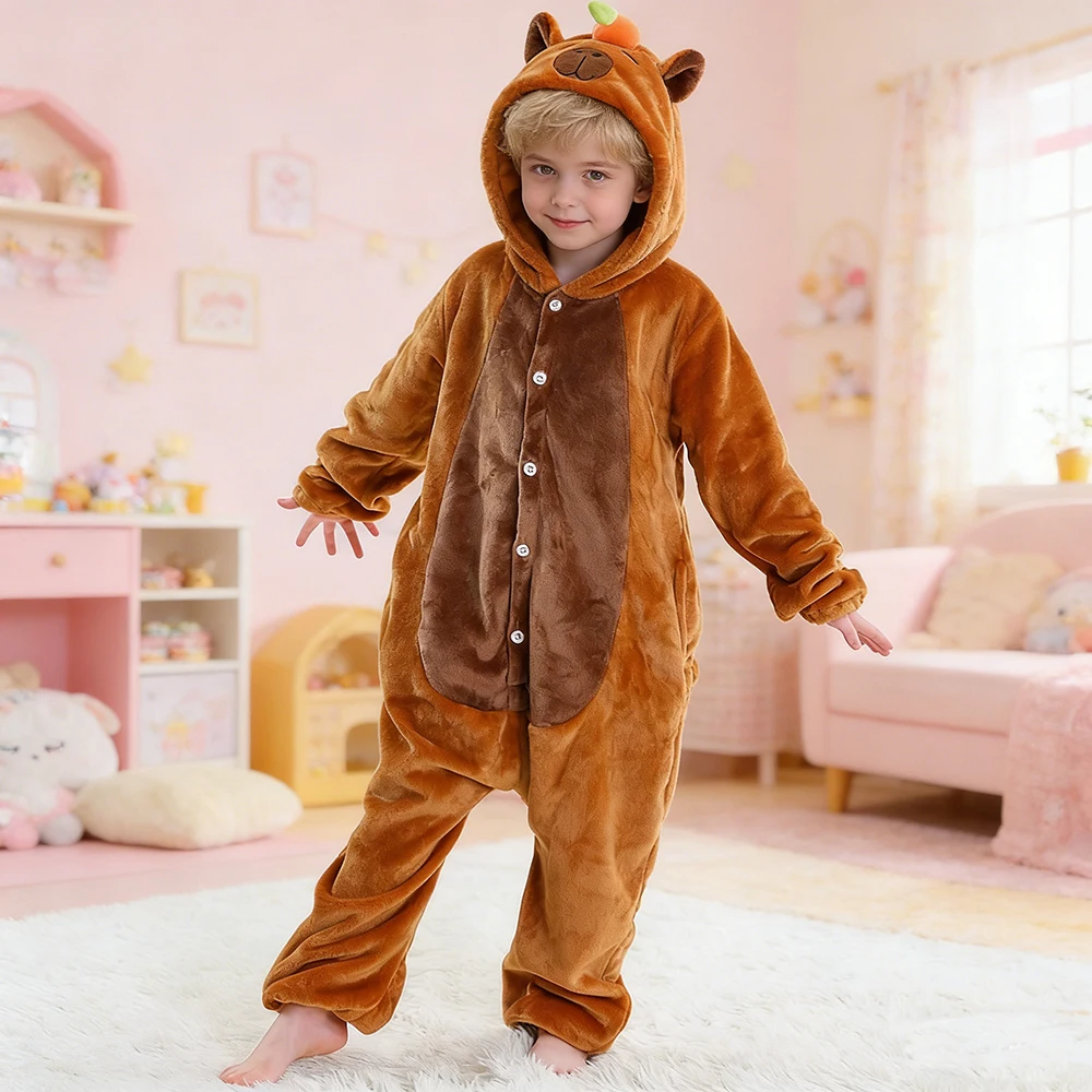 

MICHLEY Carnaval Capybara Cosplay Flannel Blanket Sleeper Onesie Hooded Children Costume Clothes Jumpsuit Sleepwear For Boy Girl