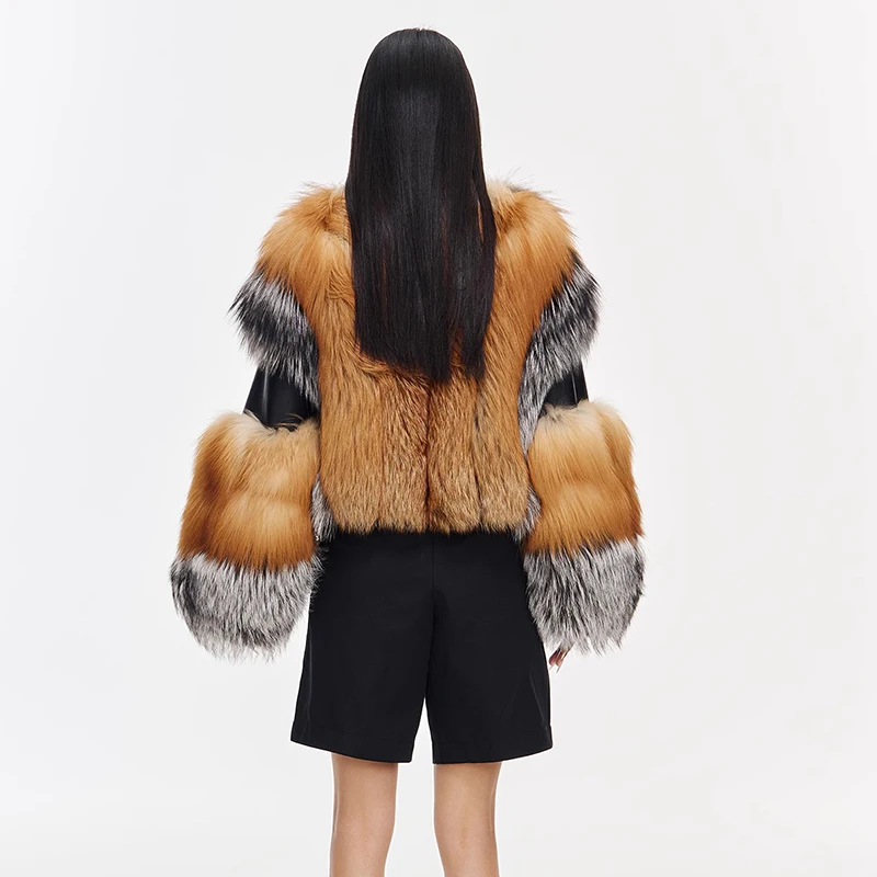 Ftangaiur Women Winter Import Fox Fur Coat Long Sleeve Female Colorful Fox Coats Turn-Down Collar Short Natural Fox Fur Coats
