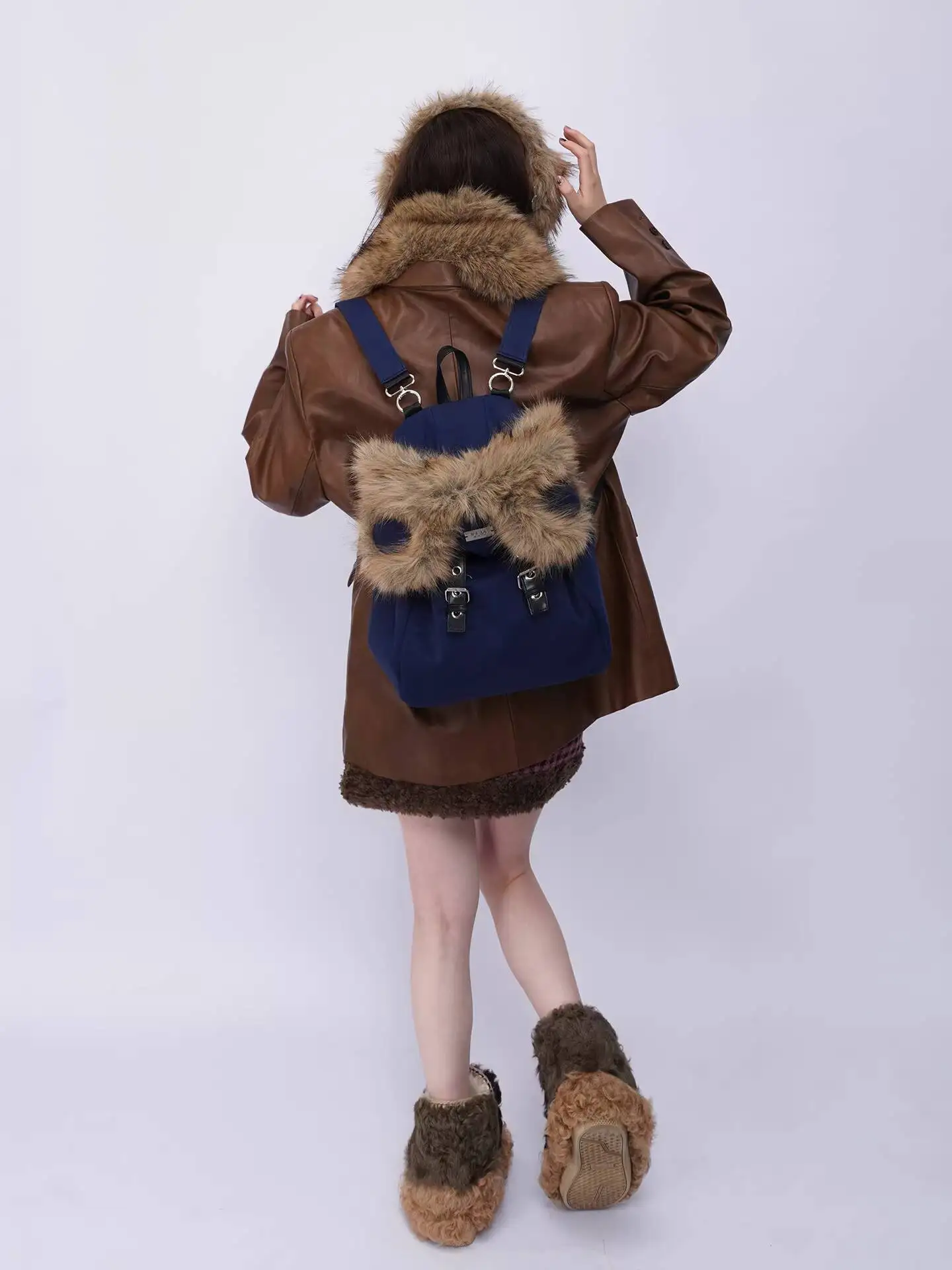 Fashion Rebirth Wild Style Bear Backpack For Women Autumn/Winter Cute Furry Crossbody School Bag