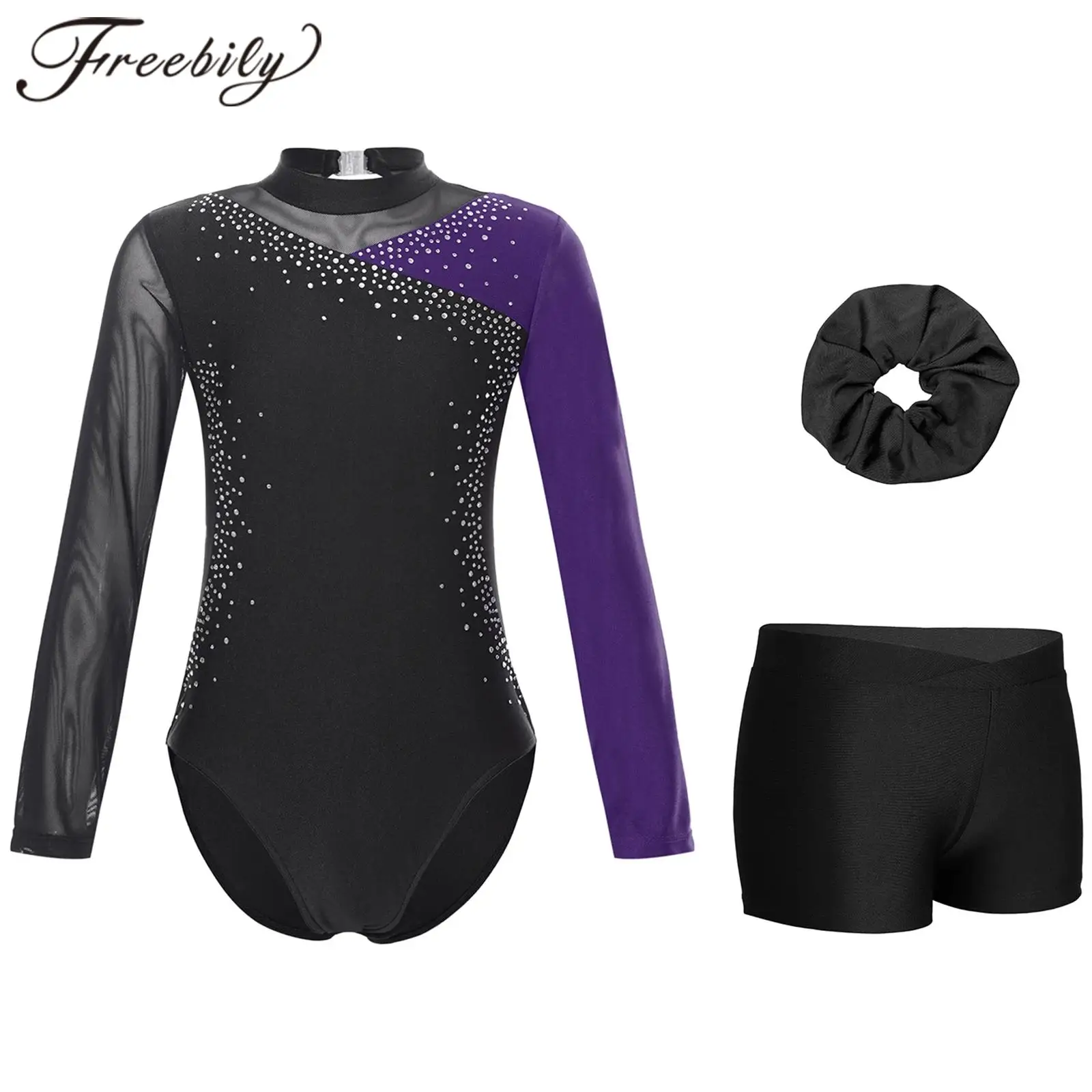 Kids Shiny Rhinestone Rhythmic Gymnastics Bodysuit Children Long Sleeve Leotard+ Shorts Hair Band Girls Figure Skating Jumpsuit