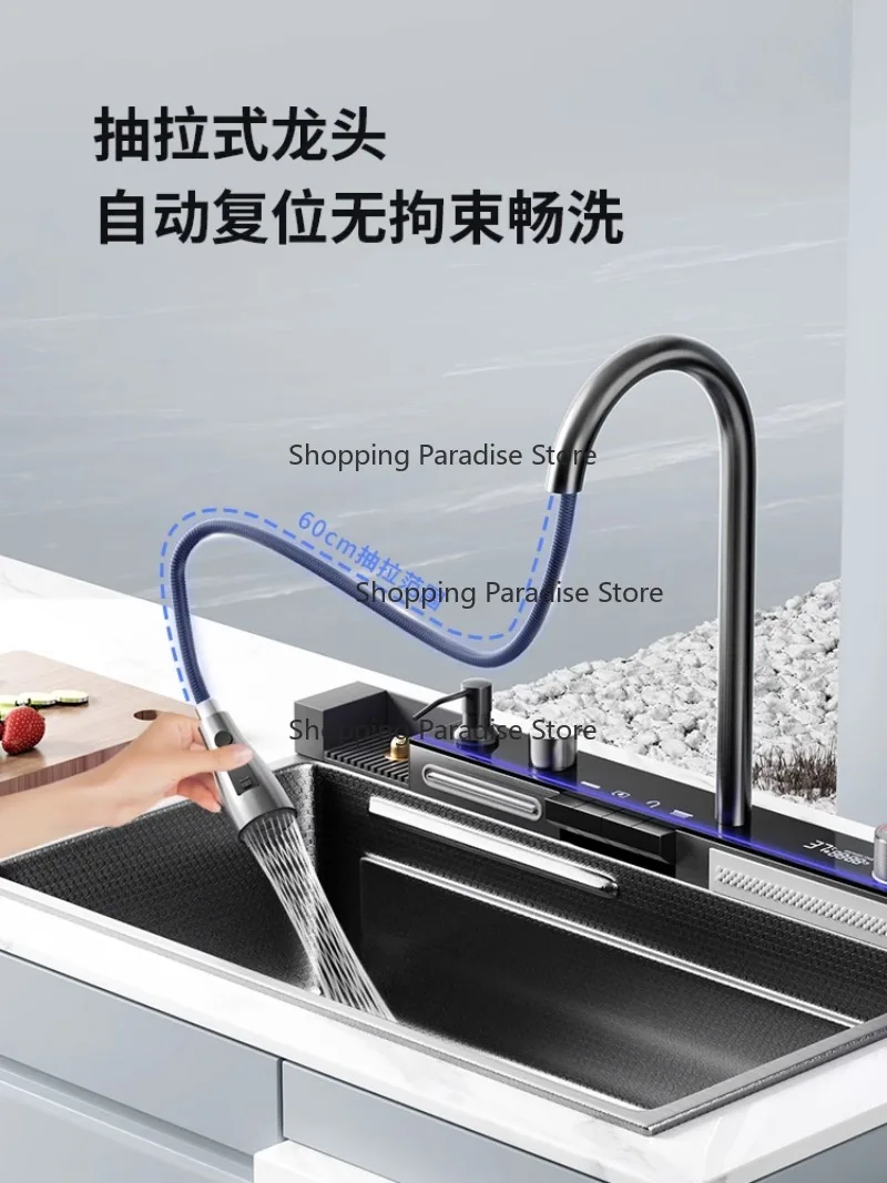 Large Single Slot Kitchen Vegetable Basin 304 Stainless Steel Waterfall Sink Thickened Handmade Drainboard for Household Use