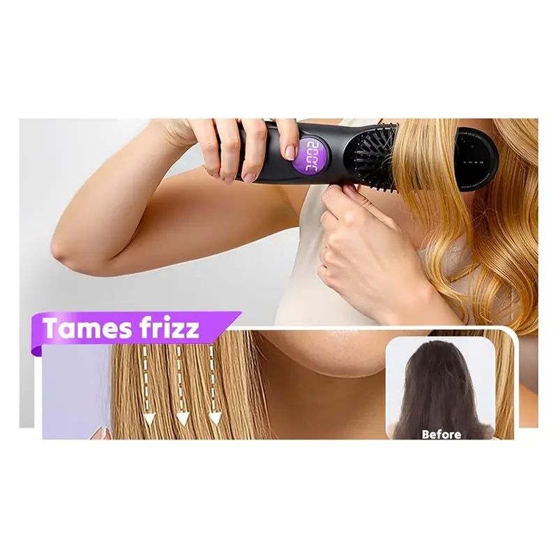 [NEW!A38F】 Cordless Portable Mini Hair Straightening Brush, 3 Temperature LED Display, Brush For Travel