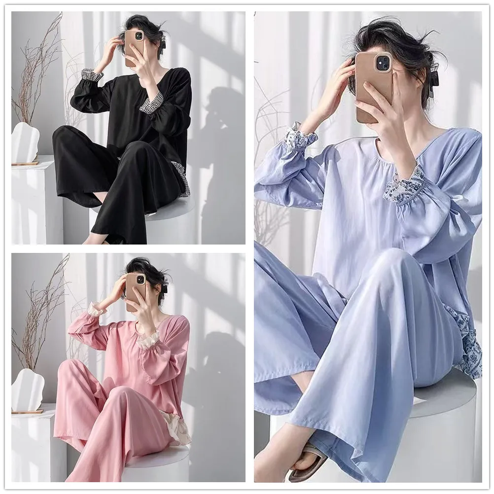 Women Viscose Pajamas Casual Round Neck Pijama Summer Thin Long Sleeve Pullover Pants Sleepwear Loose Loungewear