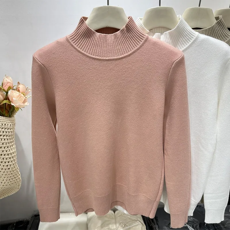 الخريف الشتاء نصف الرقبة العالية البلوز سترة كلاسيكية عادية محبوك قاع القمم أفخم سميكة جديدة أفخم أنيقة بلون