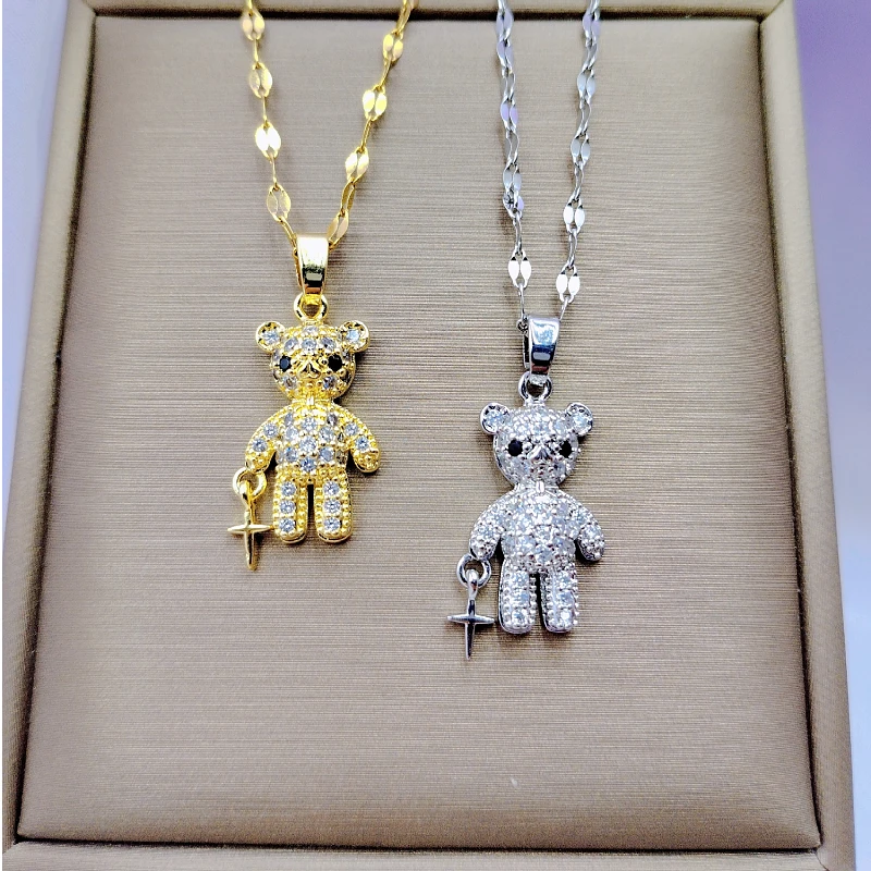 Fashion Charm Cross Bear Necklace Classic Personality Holding Bodyguard Sword Lucky Pendant Versatile Clavicle Chain