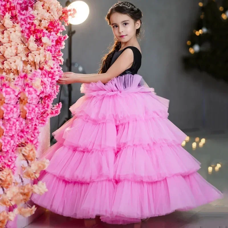 Customized Flower Girl Dresses Black PinkTulle Tiered With Bow Sleeveless For Wedding Birthday Banquet Banquet Princess Gown