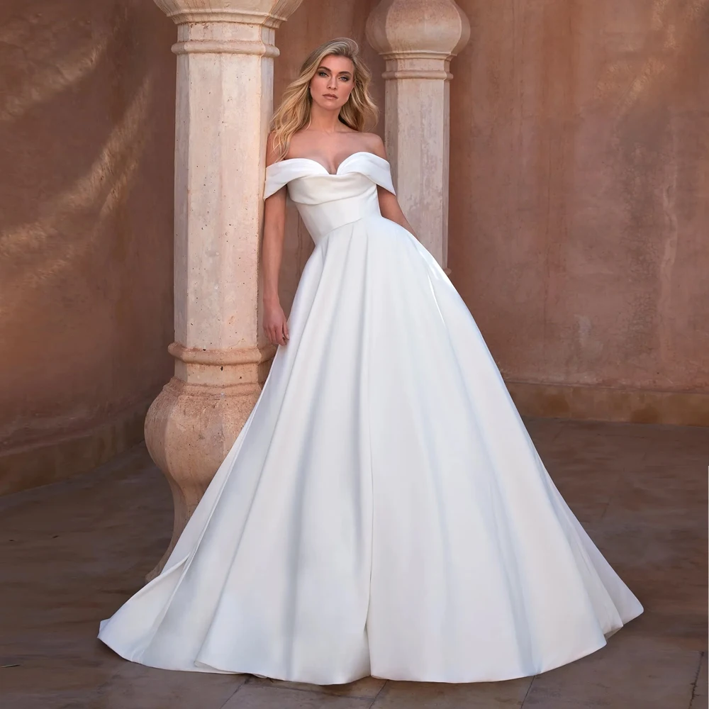 

Simple Off Shoulder Wedding Dresses Sweetheart Neck Sleeveless Bridal Grown Floor Length Zipper Satin A Line Vestidos De Novia