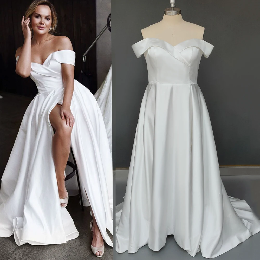 Vestido de novia de satén con abertura alta, vestido de novia Simple, fruncido, entrecruzado, hecho a medida, corsé de tren de barrido, talla grande