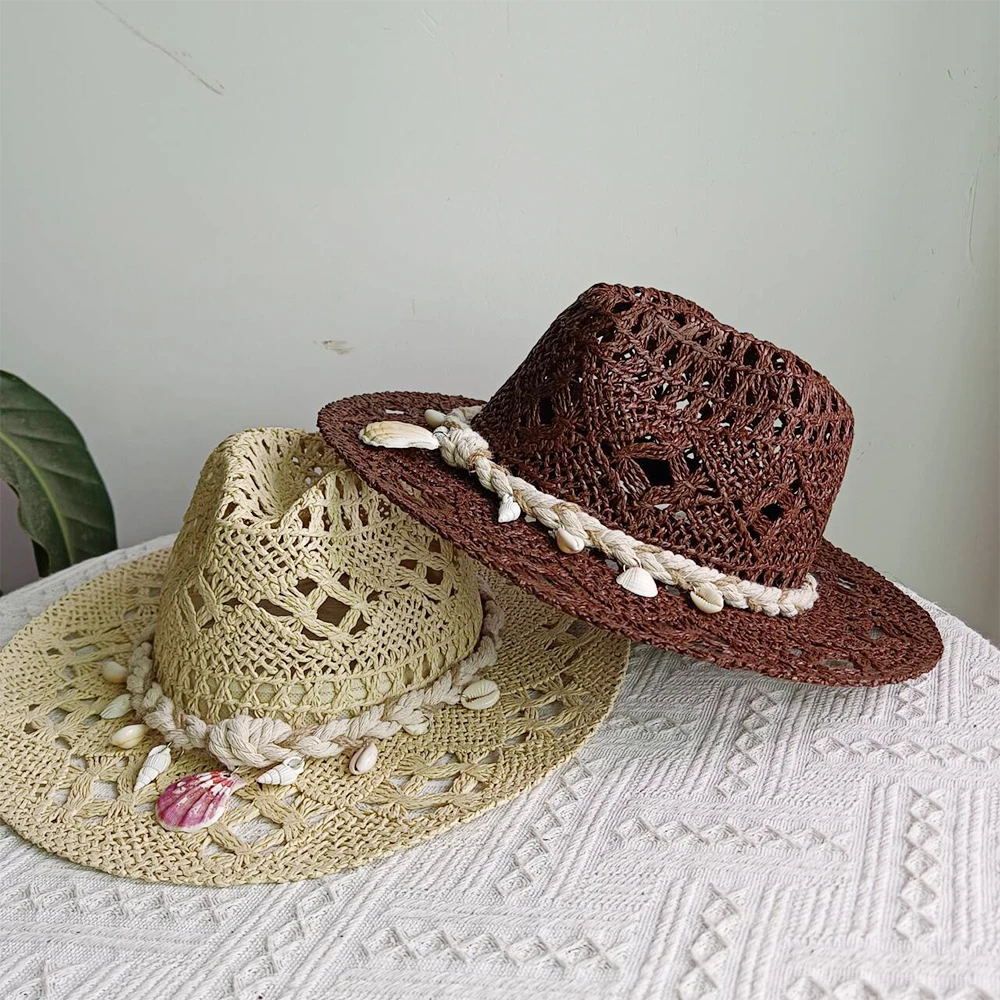 

Summer Women's Handmade Woven Straw Hat Shell Decoration Visor Beach Sun Hat Chapeu Panama Feminino