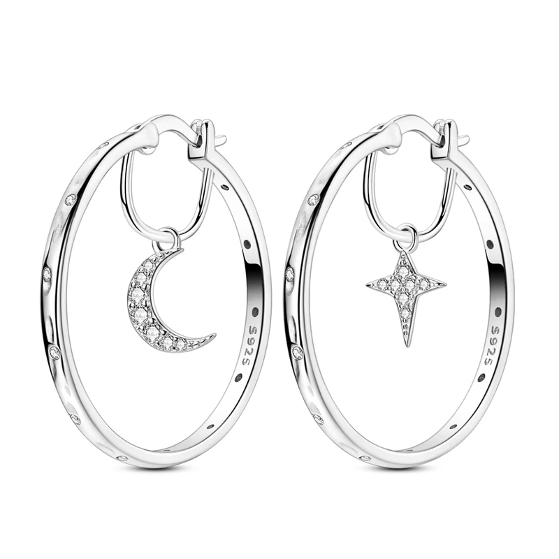 

925 Sterling Silver Earrings Women Sparking Star and Moon Large Drop Earring For Anniversary Wedding Jewelry Gifts