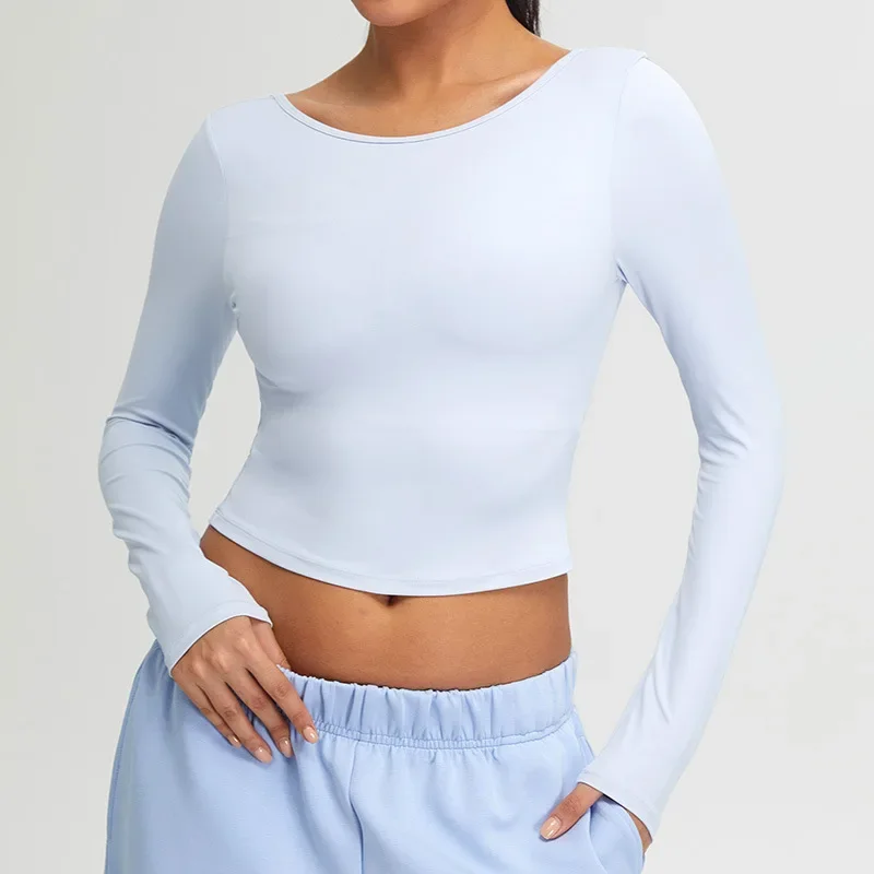 Sexy U-Back Women's Long Sleeve Yoga Shirts Running T-Shirt Workout Fitness Gym Backless Sports Tops Push-up Training Crop Tops