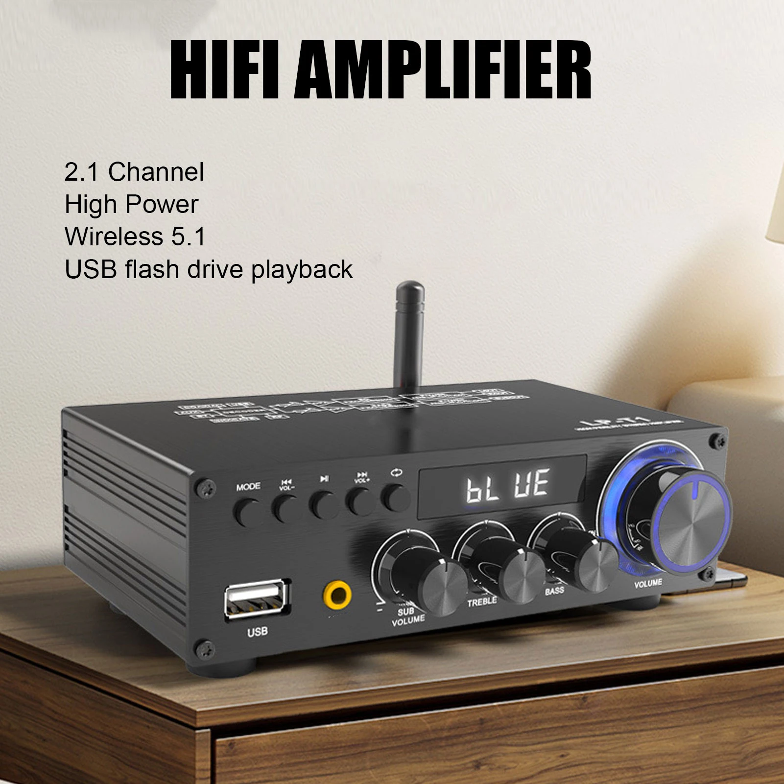 

2.1-канальный стереоусилитель Bluetooth 5.1 HiFi с цифровым сабвуфером и пультом дистанционного управления для домашнего кинотеатра