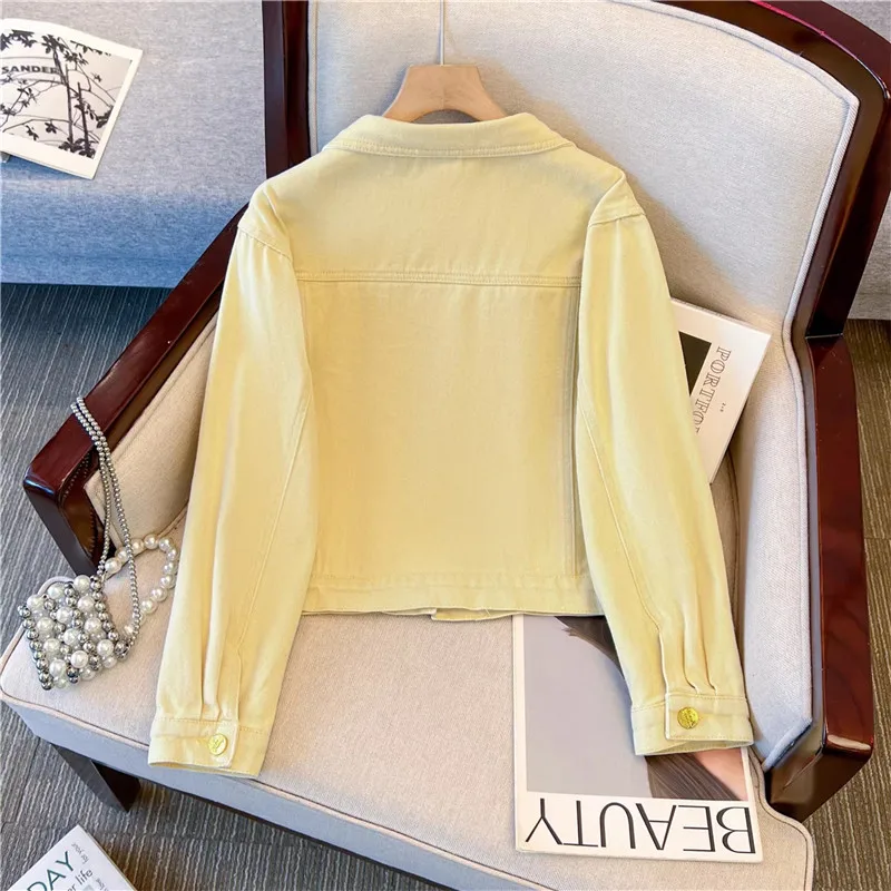 Korean Vintage Flower Embroidery Yellow Short Denim Jacket Women Lapel Single-Breasted Long Sleeve Jeans Jacket Coat Streetwear