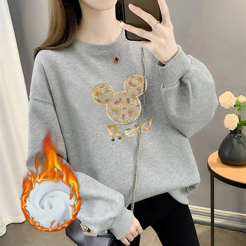 Autumn and Winter Women\'s Crew Neck Long Sleeves Printing Loose Pullovers Korean Hoodies Fashion Classic Casual All Match Tops