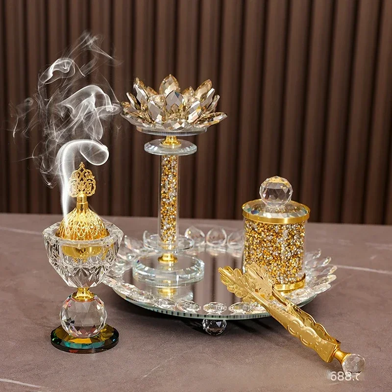 Crystal Glass Incense Burner Set Arabic Luxury Diamond Muslim Censers Sticks Hold for Home Wedding Ramadan Decoration 2024