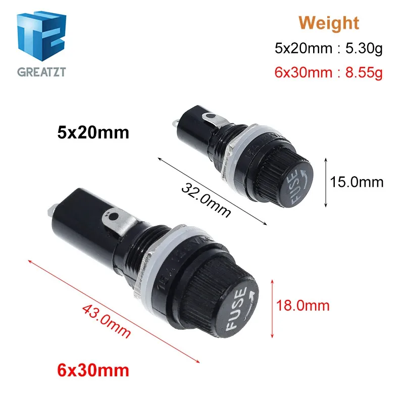 TZT 5/10Pcs 5*20mm 6*30mm Glass Fuse Holders 5x20 6x30 InsuranceTube Socket Fuse Holder For Insurance Panel Mount Fuse Holder