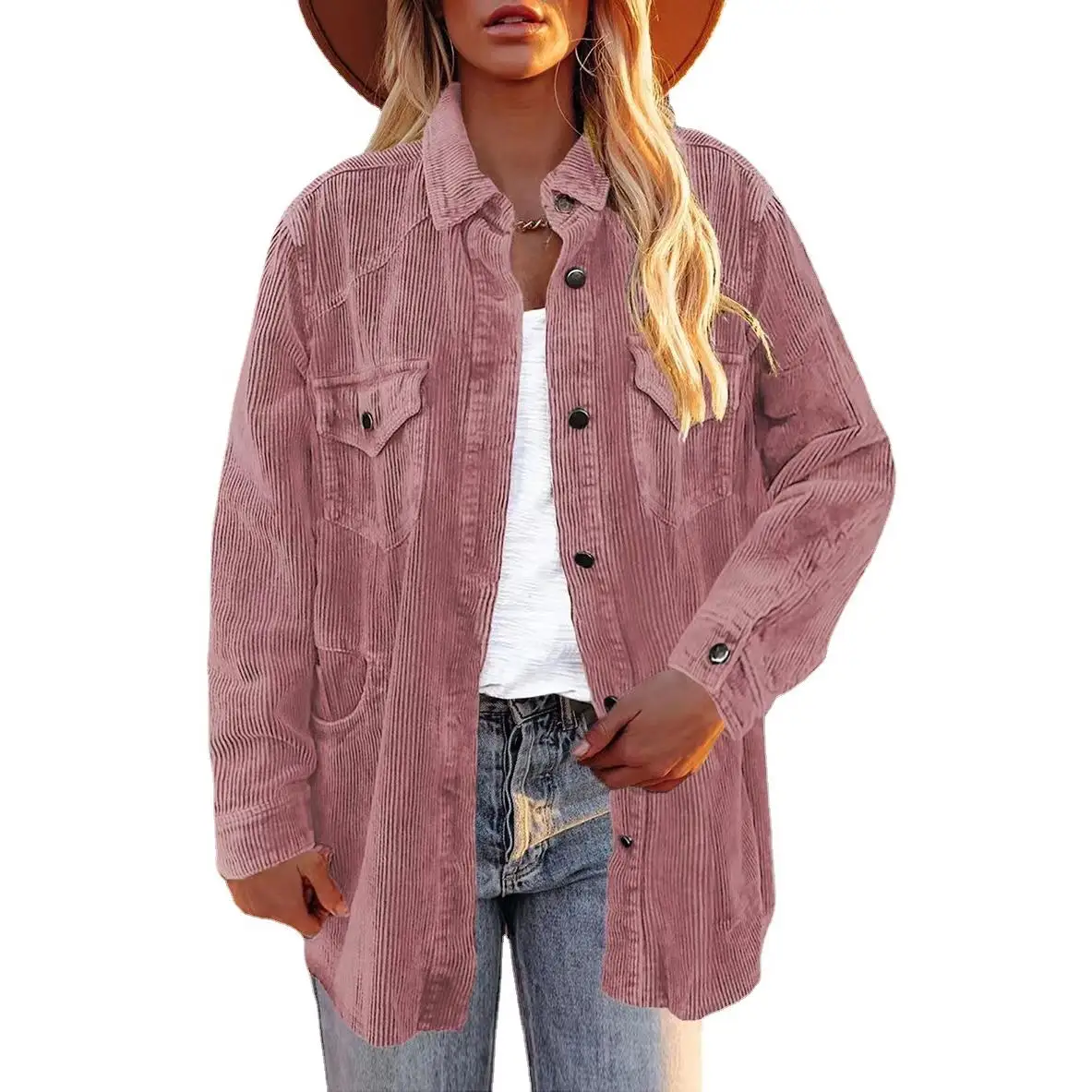 

Women's Corduroy Collar Jaet irt Loose Fit Long Sve Polyester Fiber Non Deformable Thiened Autumn Season Pure Color