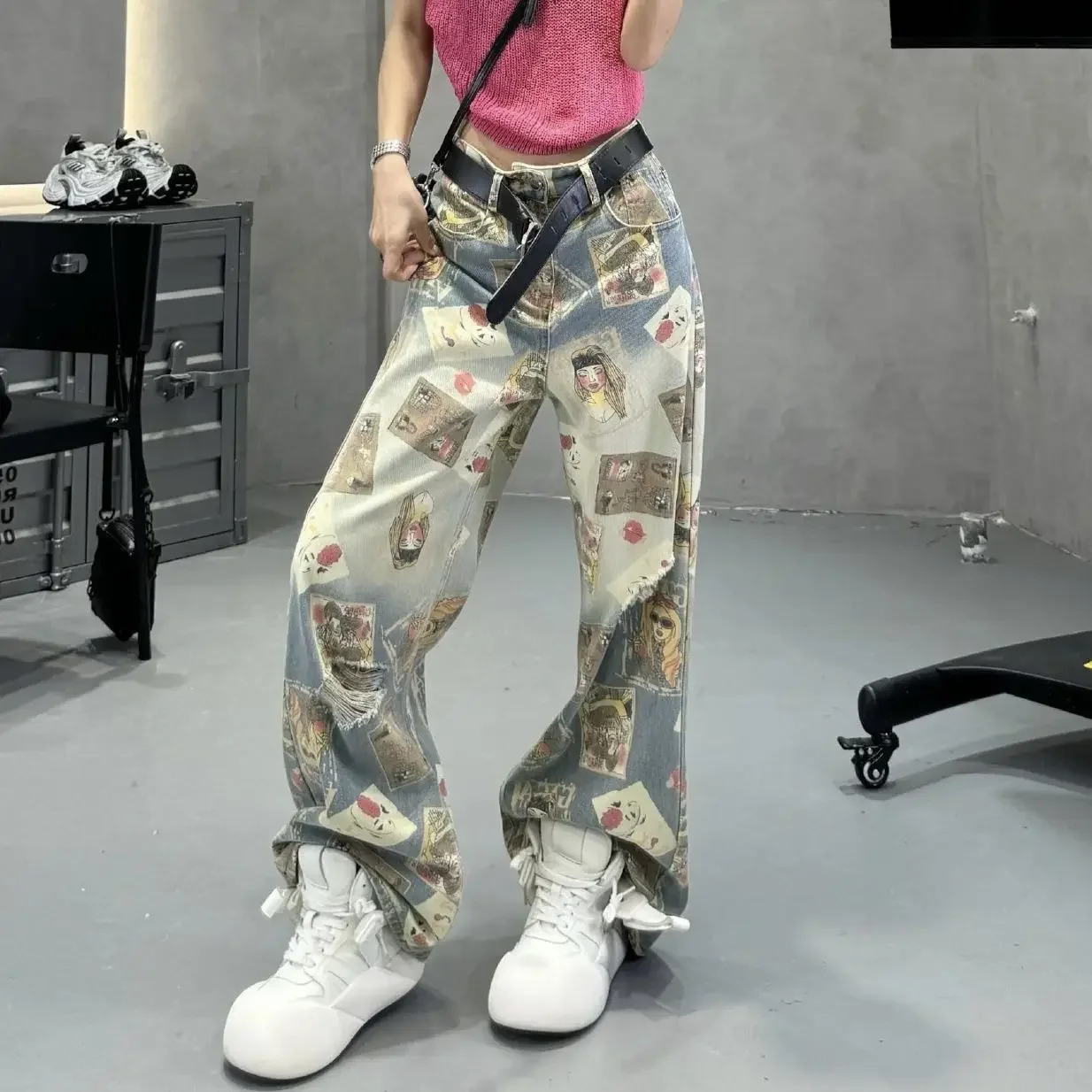 

High Street Retro Water Wash Printed Perforated Women Casual Jeans Summer New High Waist Loose Slim Wide Leg Pants