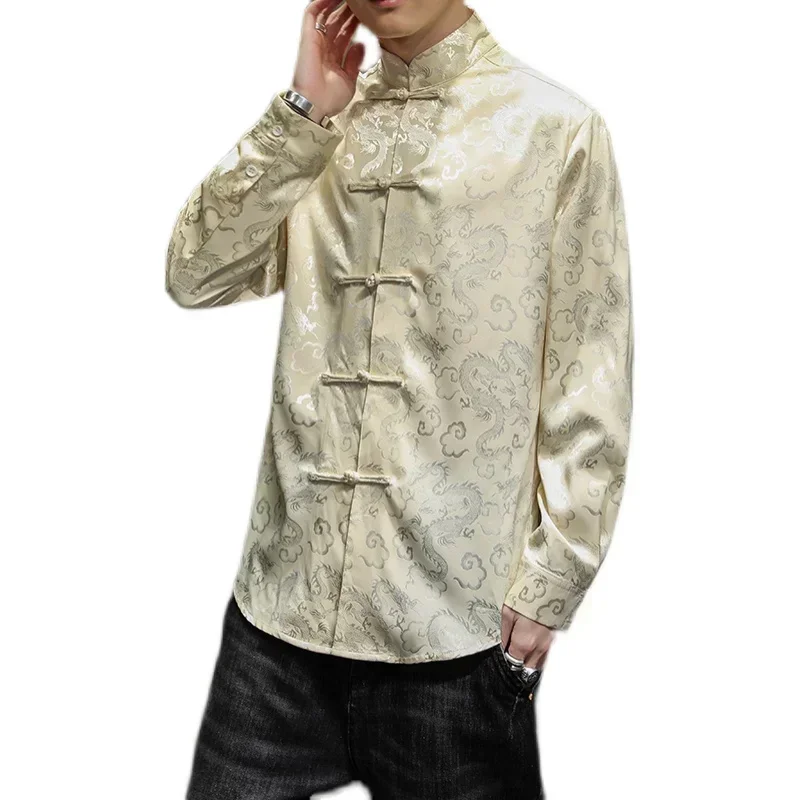 

2023 Autumn New Men's Long Sleeved Men's Chinese Style Youth Print Casual Retro Button Up Stand Up Collar Shirt