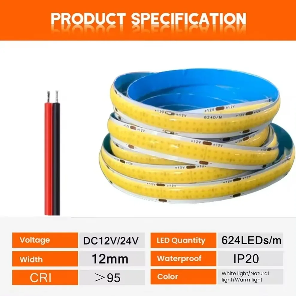 Imagem -06 - Faixa de Luzes Led Fob Flexível Cob Alto Brilho Linha Dupla 624leds por m dc 12v 24v Ra90 3000k 4000k 6000k Regulável