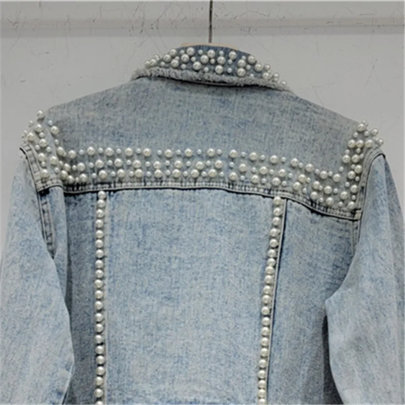 Perlen Diamanten Jeans jacke Frauen lose kurze Cowboy Oberbekleidung Herbst koreanische hellblau ausgefranste große Tasche Jeans Jacke weiblich