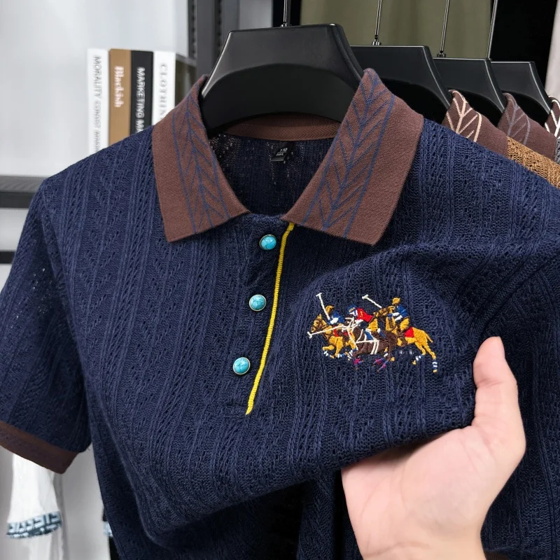 

Men's Lapel Short-Sleeved Polo Shirt Luxury Embroidery Slit Hem Hollow-Out Exquisite Knit T-Shirt Fashion Trend Men's Clothing