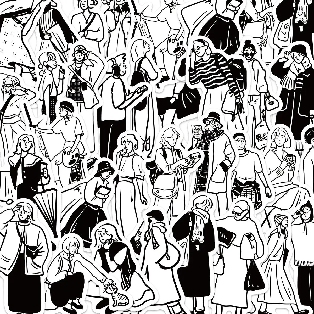 Cartoon People Pattern Sticker,30pcs/set Black and White Cartoon Sticker,DIY Decorative Sticker for Phone,Notebook,Handbook